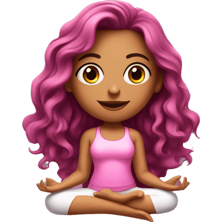 Realistic Hispanic girl with long wavy hair and makeup  wearing pink doing yoga sitting on yoga mat  emoji