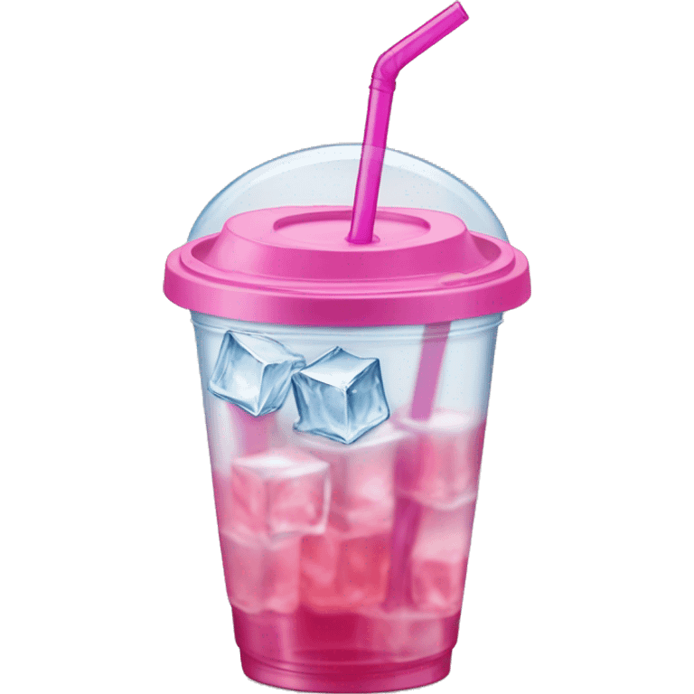 Realistic plastic cup and lid with Transluscent pink soda and large ice cubes inside and straw through the top of the lid. emoji