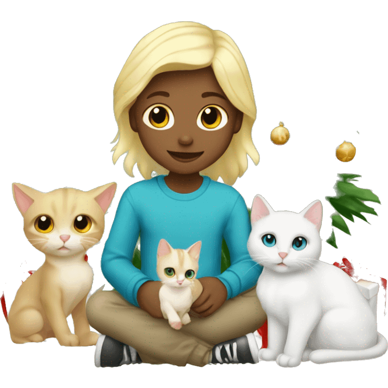 Blond kid with two white and Sibirien cats under a Christmas tree emoji