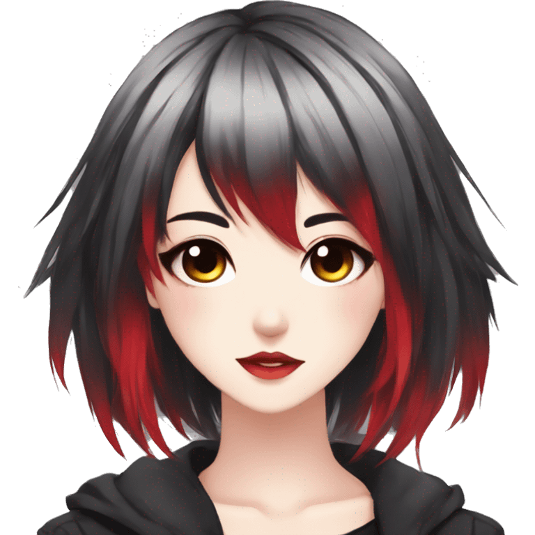 Gorgeous anime style lady with blushing face aesthetic and pretty edgy black red punk hair with hair garment trending style emoji