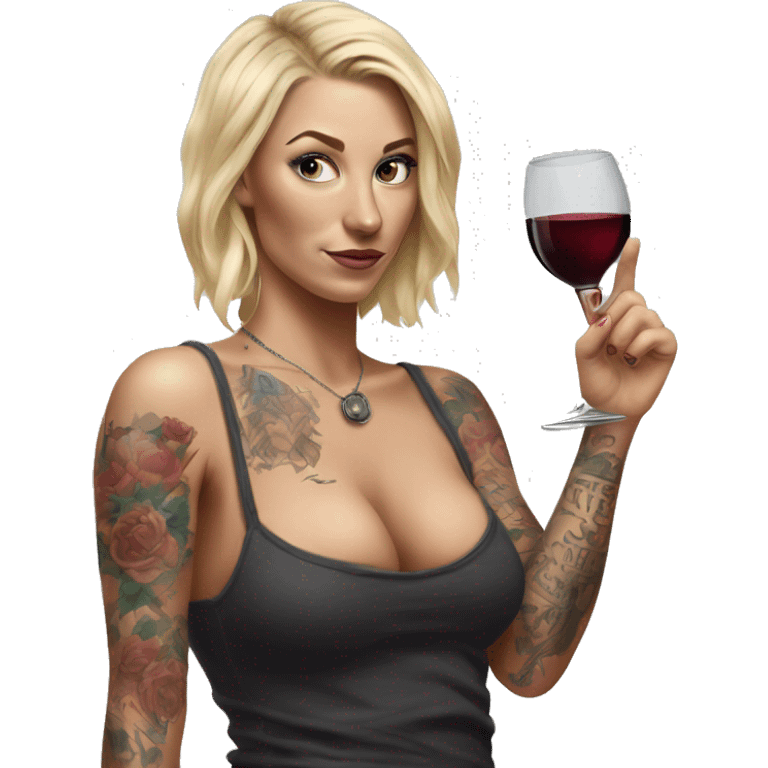 Blonde women in, her body covered with tattoos, wine in her one hand, pointing on you with her other hand , Hyper realistic  emoji