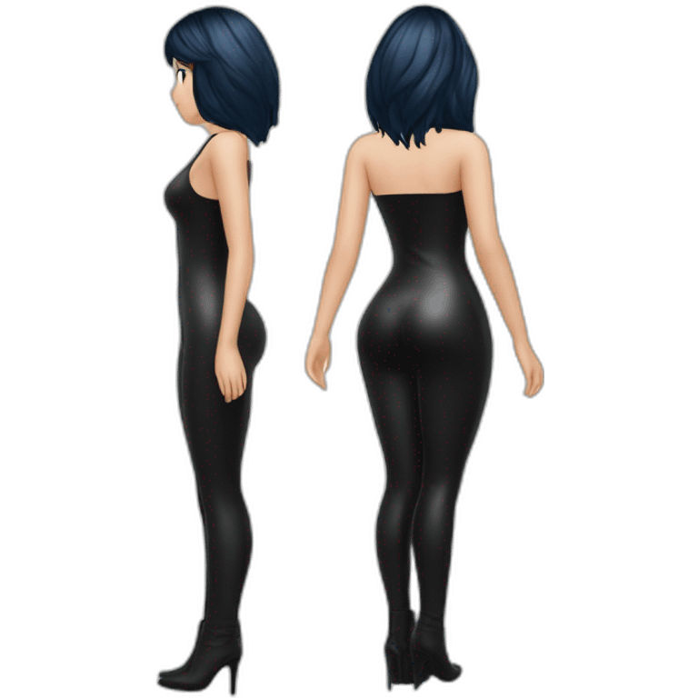 one curvy girl with blue eyes black hair in latex from behind emoji