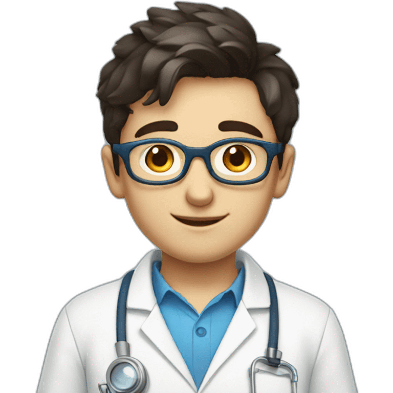 A scientist boy with white apron and wearing spectacles and dark hair and blue eyes emoji