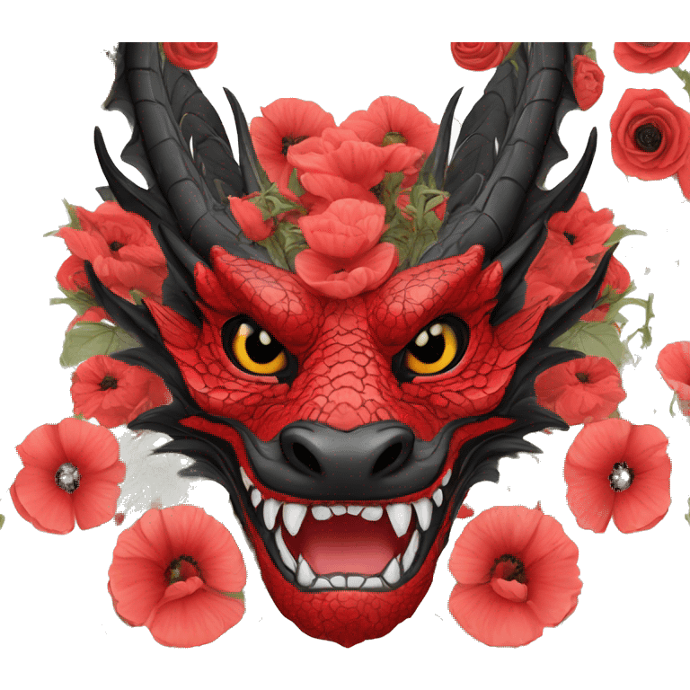 Intricate floral flower red and black dragon face with flowers poppies roses detailed emoji