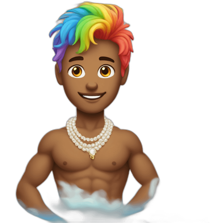 posh-muscle-boy-with-pearl-necklace-and-rainbow-unicorn-hair-in-golden-bathtub emoji