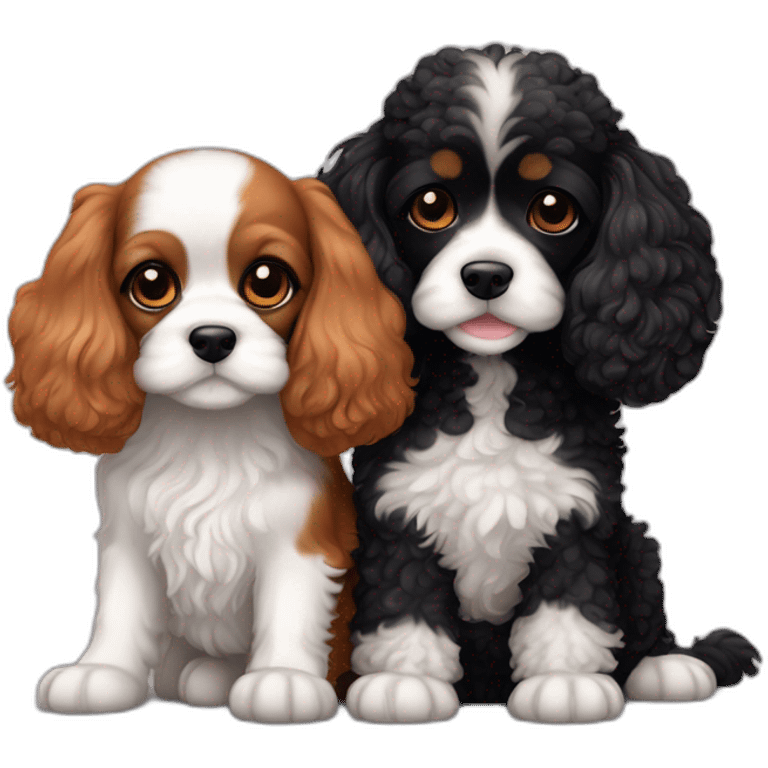 white and ginger  cavalier king charles spaniel and black mini poodle cuddle each other  emoji