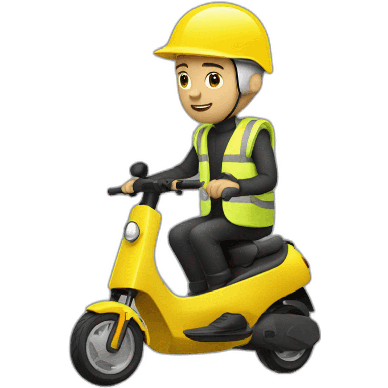 bald man with a yellow cycling helmet on a black xiaomi e-scooter whearing a yellow safety vest emoji