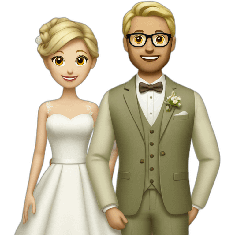 Wedding couple. She has a brown chignon and he has a light olive green suit with a brown vest. He wears glasses and is blond. emoji