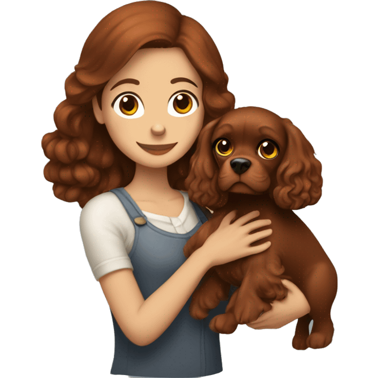 brunette girl holds red cocker spaniel in her  emoji