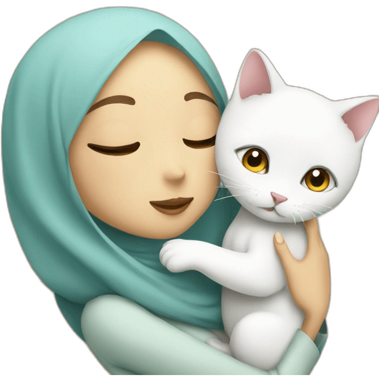 Hijab women kissing white cat emoji