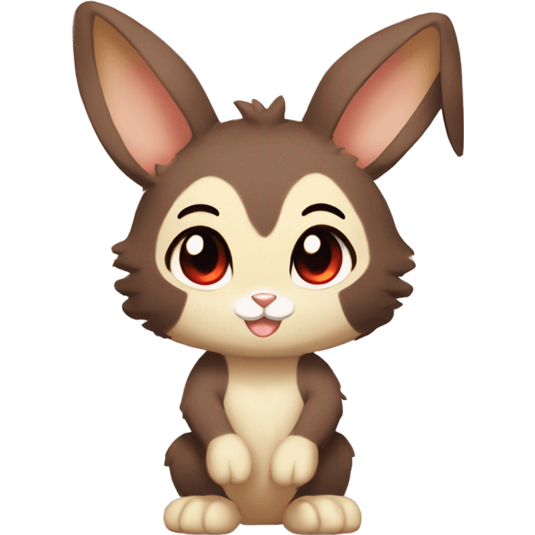 Cute, Chibi, Kemono-style, Anthro, Fur-Sona, Dark-Brown, Normal-type-Ground-type Tan-Rabbit-Fakémon with Dark-Red eyes, beige belly, beige paws, beige feet, beige freckles, full body emoji