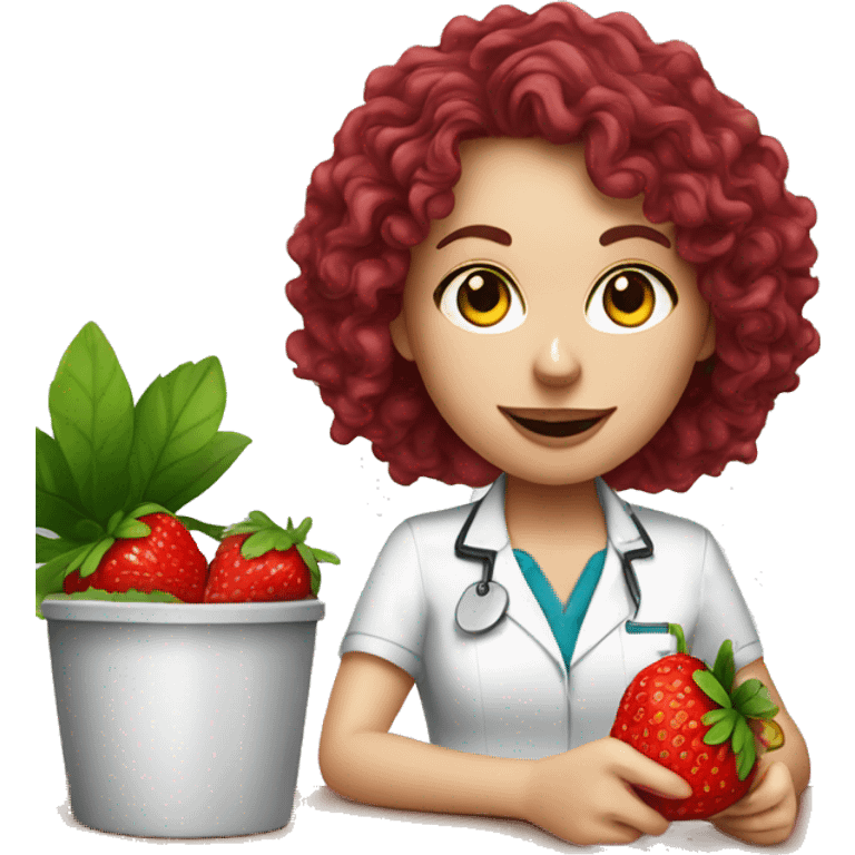 dietitian white girl burgundy curly hair eating a strawberry  emoji