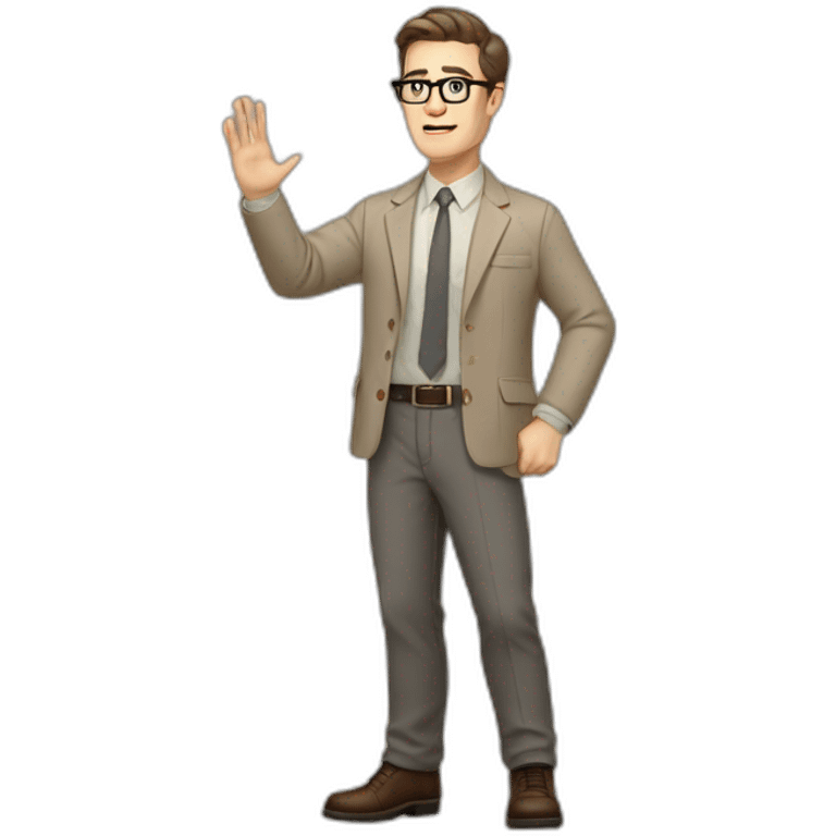 Full height Actively Gesturing Pale skinned fit man with dark brown hair in gray jacket, beige office shirt, brown tie, brown pants and vintage glasses. emoji