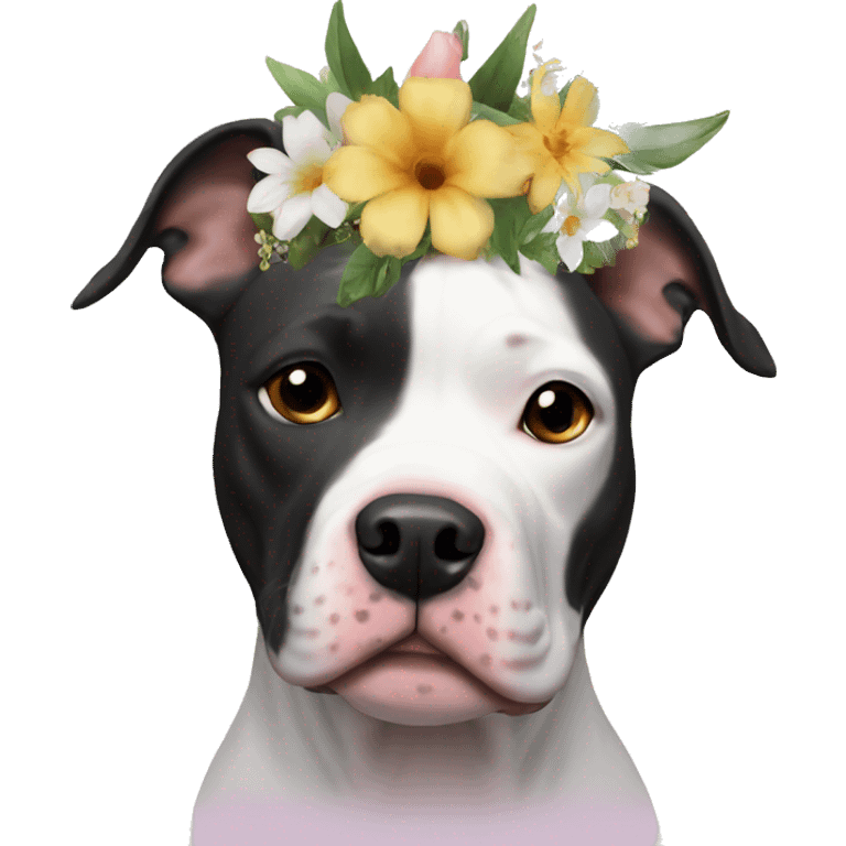 Black and white Pitbull with floral crown emoji