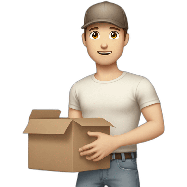 Pale skinned fit Man with dark brown hair in a beige cap, gray jeans, brown polo and white T-shirt keeping a pasted with tape white box into his hands emoji