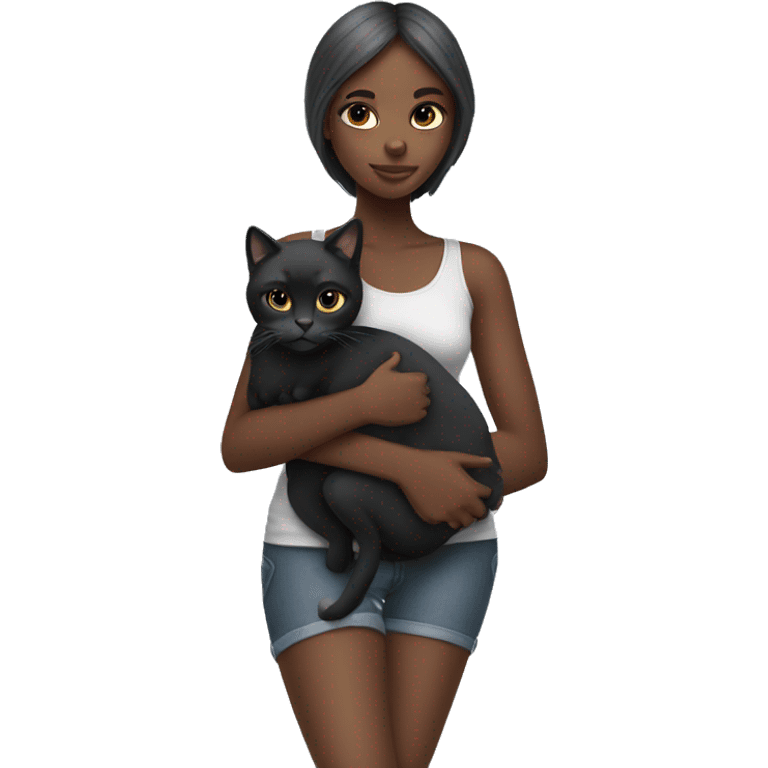 black slim girl with grey cat cuddling emoji