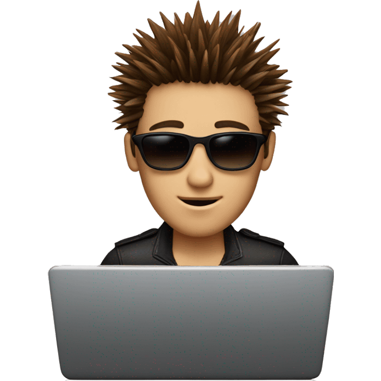 Person with spiky brown hair and sunglasses behind a laptop emoji