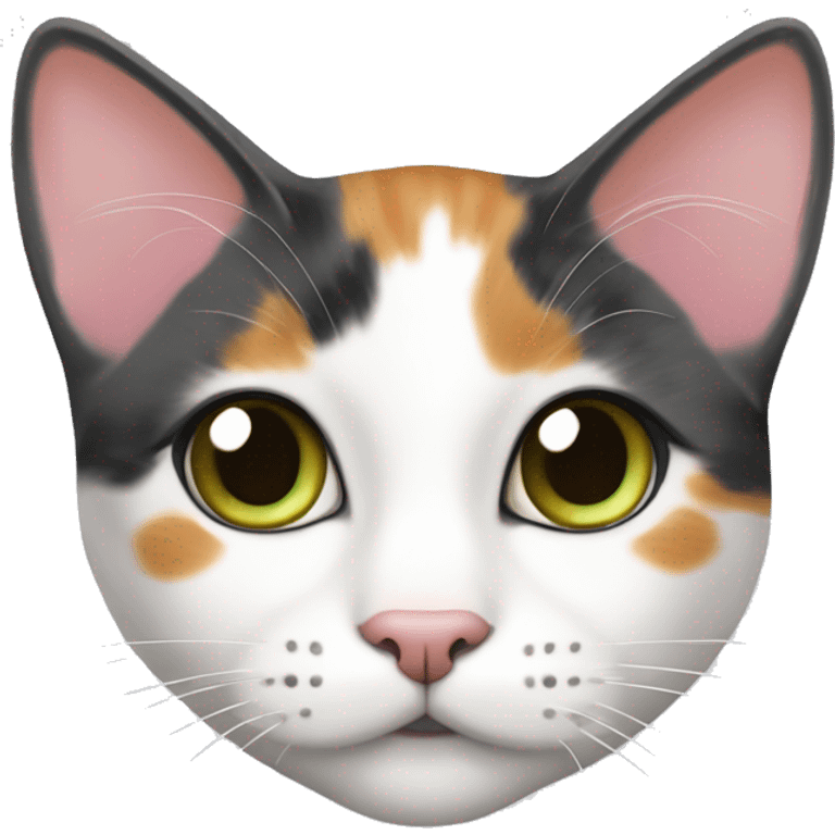 white calico cat with orange, brown, grey spots, short hair. pink nose green eyes emoji