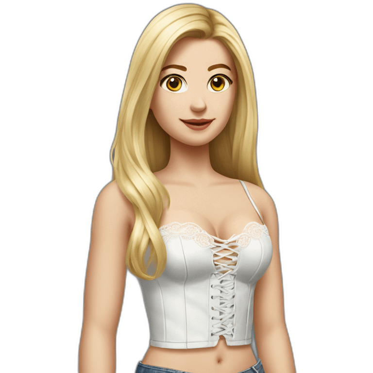 hyperrealistic caucasian blonde female, long straight hair, white lace-up bustier emoji