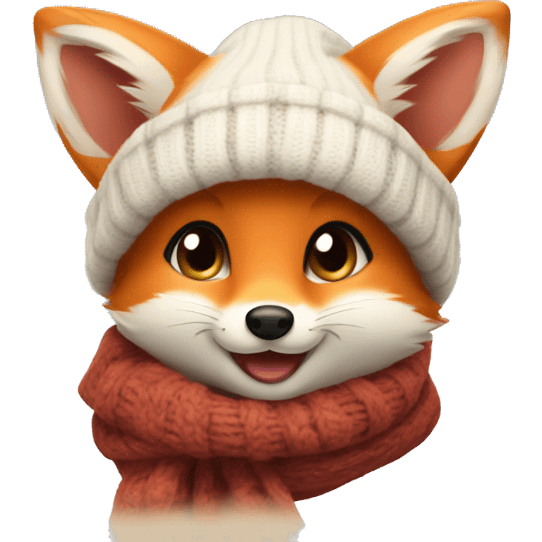 A cute little charming fox cub in a winter hat and scarf shows his tongue emoji