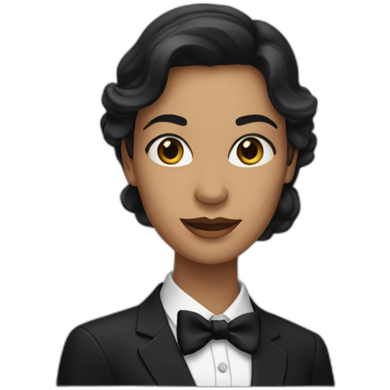 Woman with long dark hair wearing black suit with a black bow tie emoji