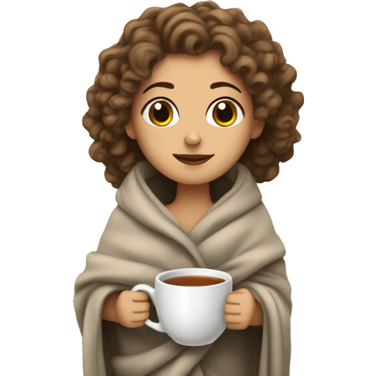 a white girl with curly hair wrapped in a blanket with a cup of tea emoji