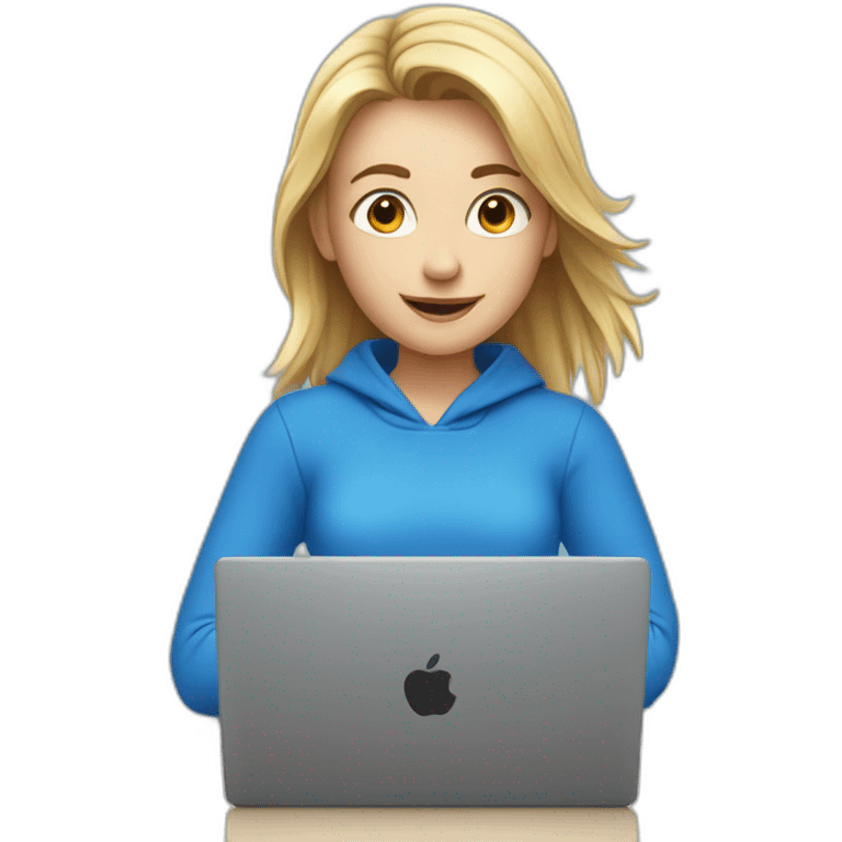 European girl in blue clothes behind laptop  emoji