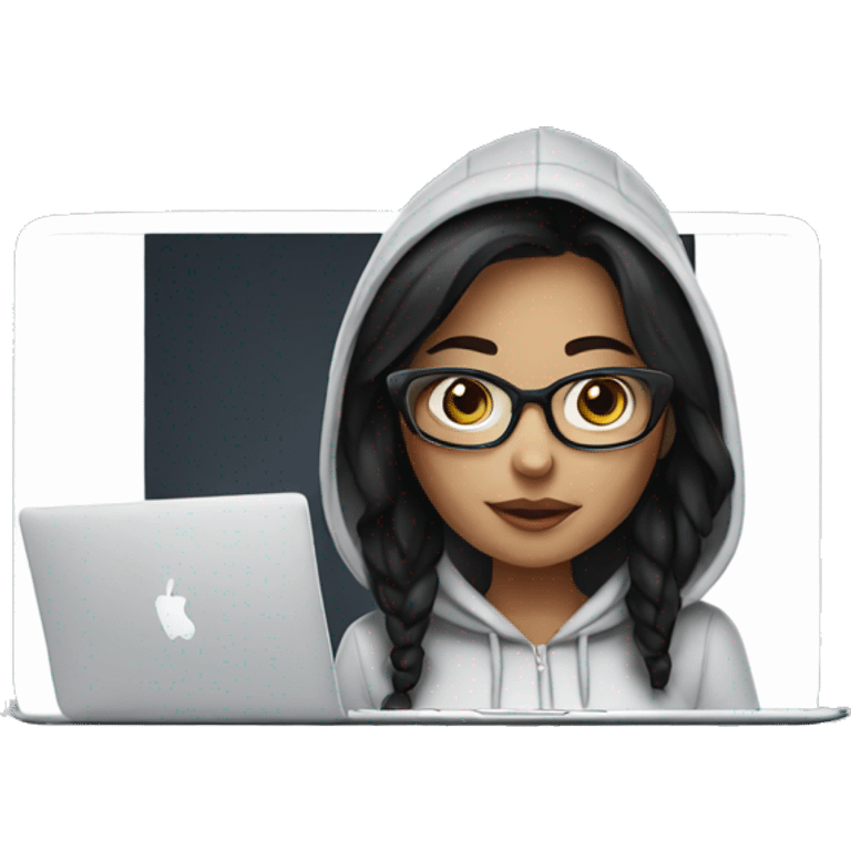 a white tenage girl with black hair and glasses wearing a hoodie working on a macbook emoji