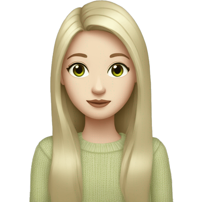 Girl with black straight long hair pale skin light green eyes and beige sweater  emoji