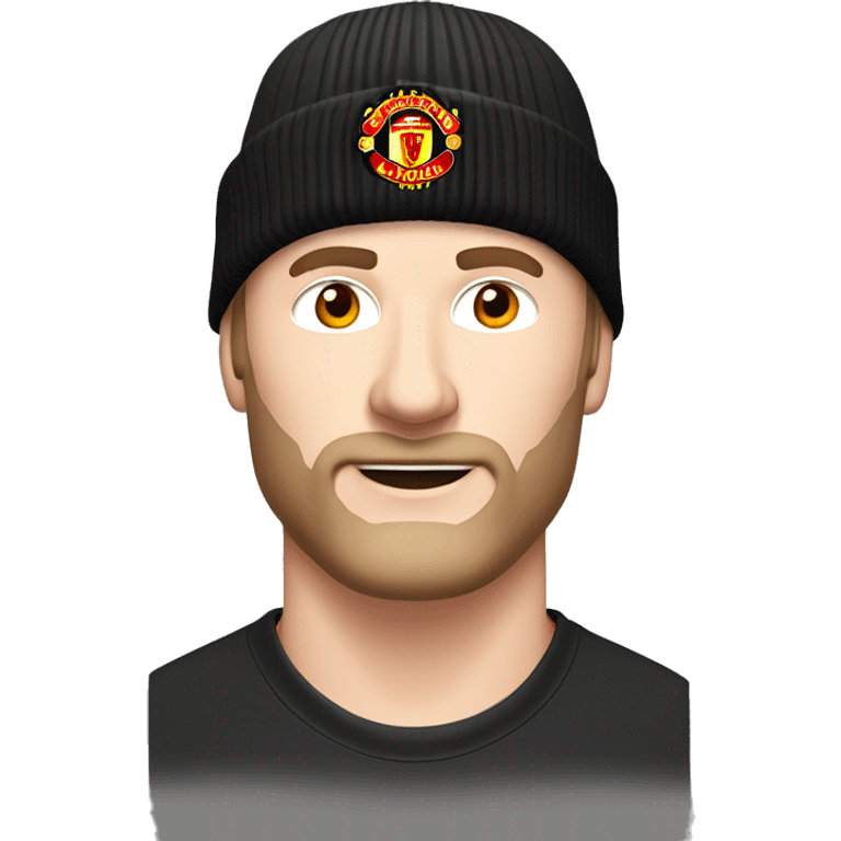 a white-skinned man without a mustache and beard in a red Manchester United football club T-shirt. He wears a black winter hat without logos on his head. Two horns protrude from his forehead emoji