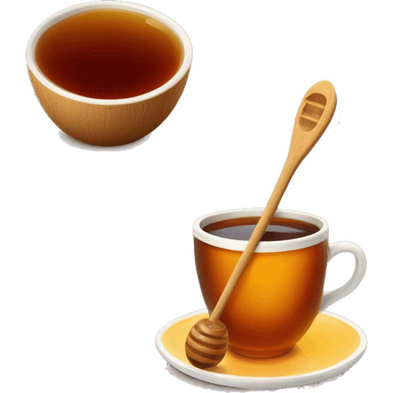 brown cup with tea on saucer wooden honey spoon with honey emoji