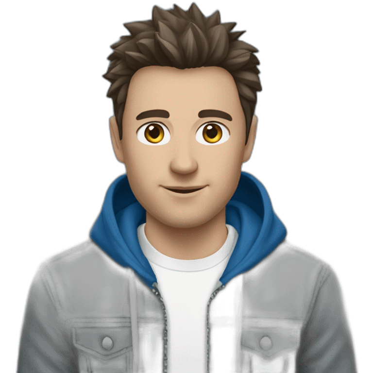 white male adult, Dark Brown Spikey Hair, Blue Eyes, Grey Hoodie, Blue Jeans, Converse shoes emoji