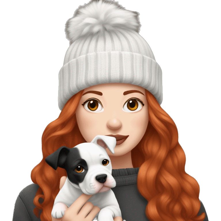 Long Red haired woman in beanie with septum piercing holding black and white English Staffordshire puppy emoji