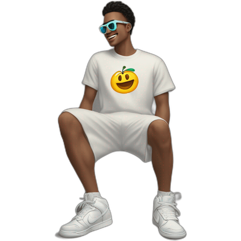 hombre con lentes,color de piel blanco, vestido con buzo y pantalone baggy y zapatillas nike dunk, feliz emoji