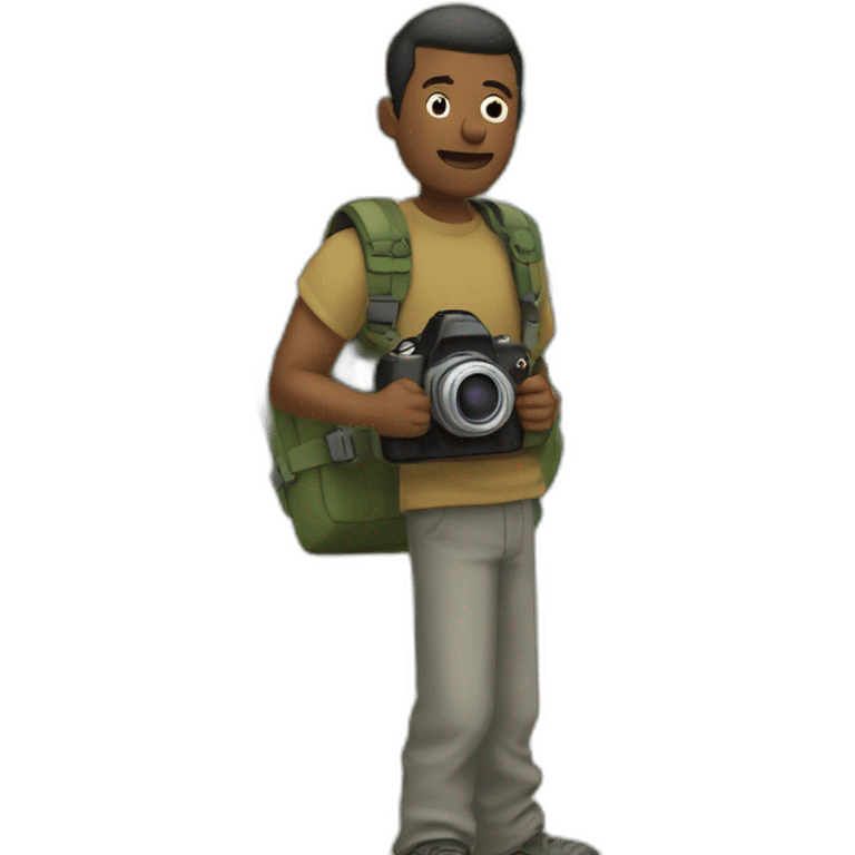 a drawn man stands against the background of a world map and holds a camera in his hands emoji