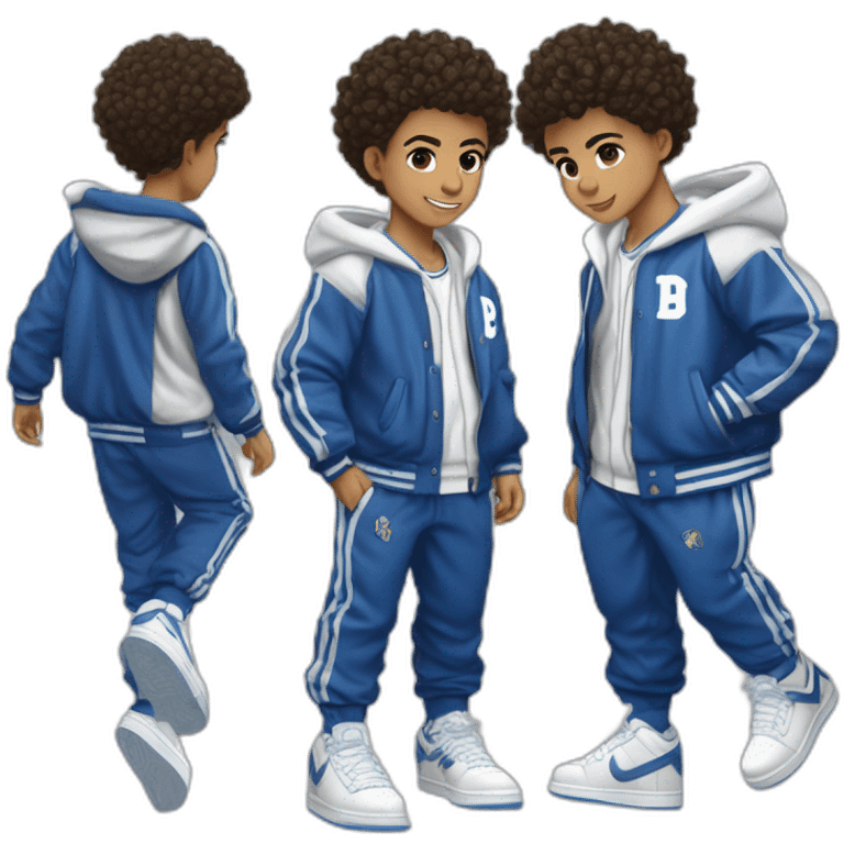 Lightskin boy with short curly hair Wearing a blue and white varsity with a fluffy B on the side and on the other side it says impact . and  dunks low top and matching pants to jacket emoji