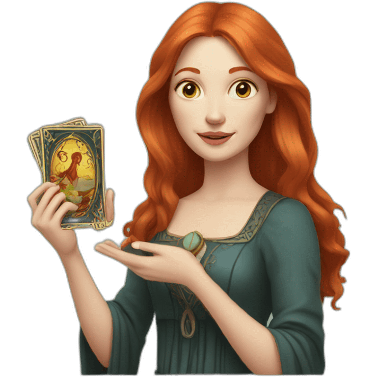 redhead white woman medium long straight hair, holding a tarot card in her hand emoji