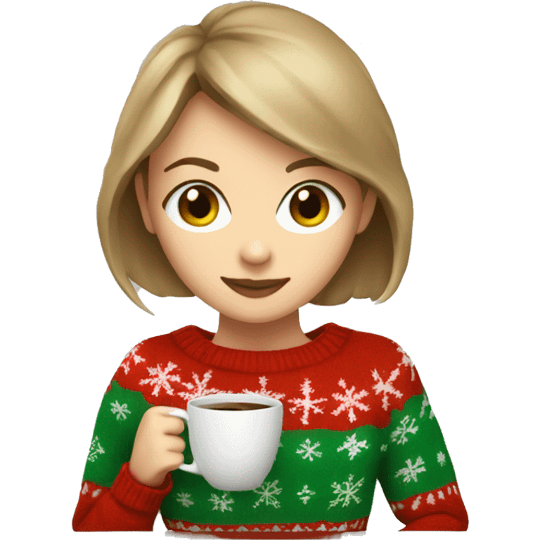 Light brown short haired girl with green eyes drinking coffee wearing red Christmas sweater emoji