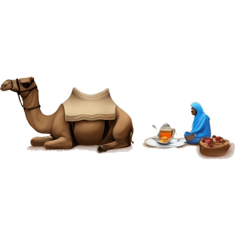 Desert at night with sitting, camel and tea emoji