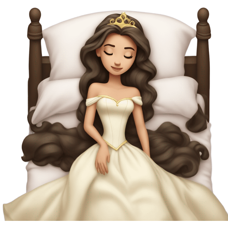 Sleeping brunette beauty princess Disney, bed, white skin emoji