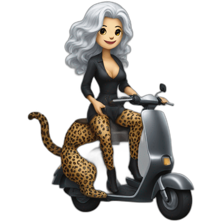 sexy gray-haired witch on a scooter painted like leopard skin emoji