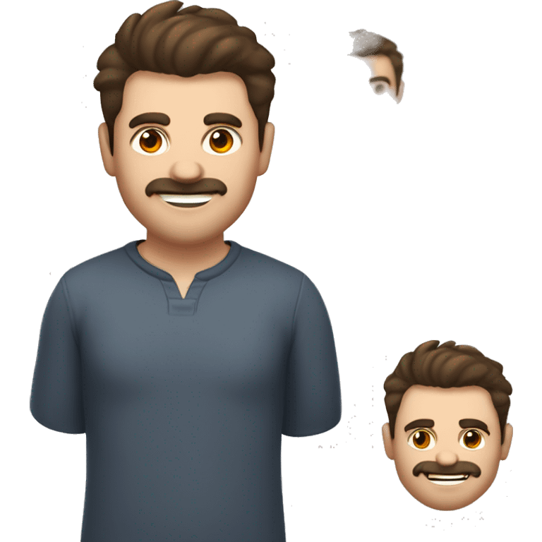 a chubby, round faced caucasian man smiling with dark brown hair, hazel eyes, a thin mustache and short beard, smiling mischievously, with little devil horns barely visible poking up from under the hair. emoji