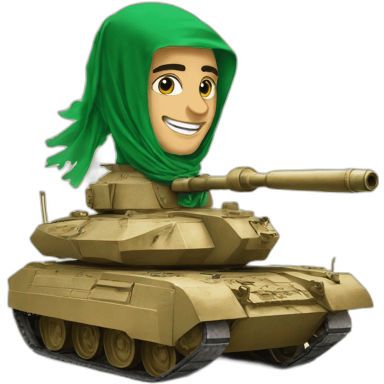 the prince from Saudi Arabia in the national headdress riding on a tank, smiles emoji