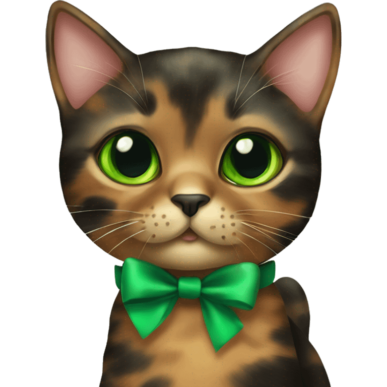 Cute tortoiseshell cat with green eyes wearing a bow collar emoji