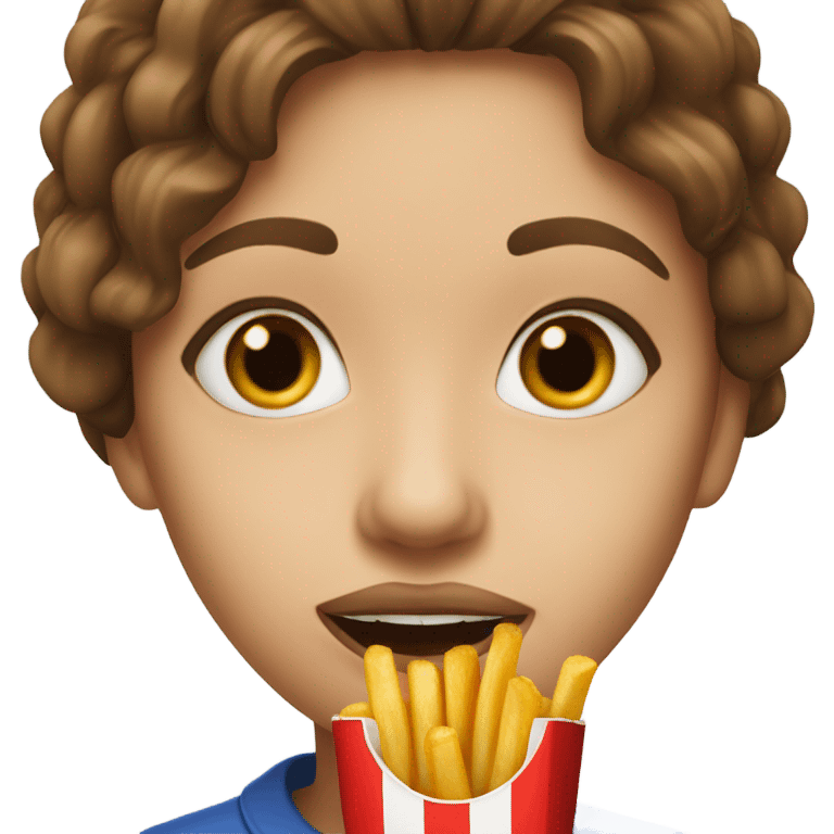 brown-haired girl with captivating lips eating French fry emoji