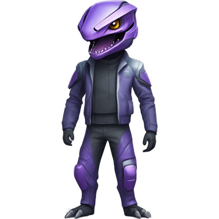 a Reptile-Raptor-Genesect-Fakémon with a futuristic visor-helmet and wearing a techwear-suit Full Body emoji