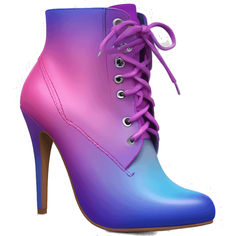 Realistic isolated front top view of a pair of blue pink and purple ombre high heel leather ankle bootie boots.  emoji