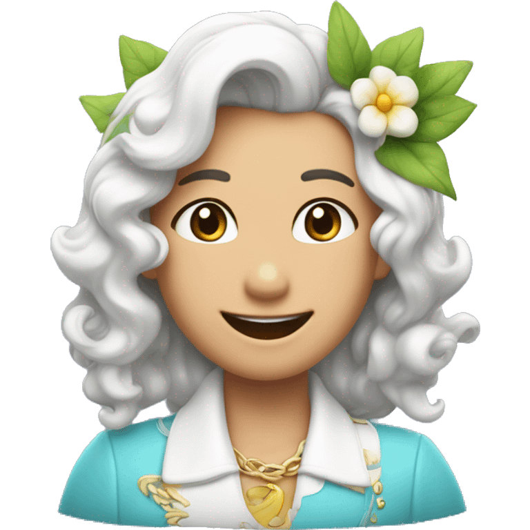 Uniconio sonriente de pelo celeste y piel blanca con un collar de flor de colores emoji