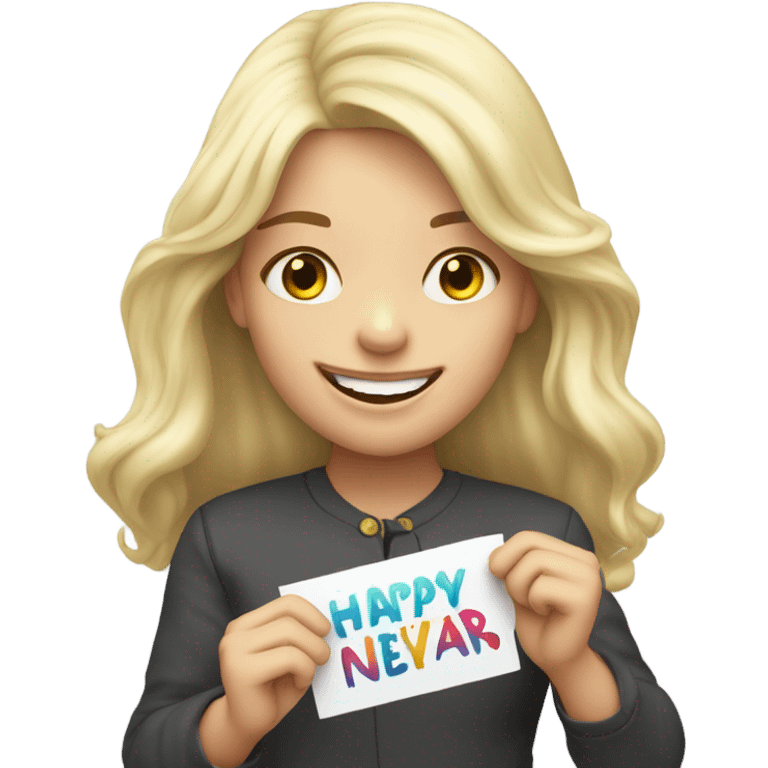 Cute long haired light blonde girl holding up a Happy New Year sign  emoji