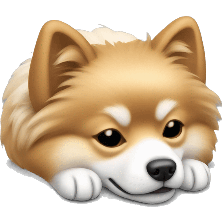 sleeping lying down pomeranian-spitz mix light brown and white with gray ears emoji